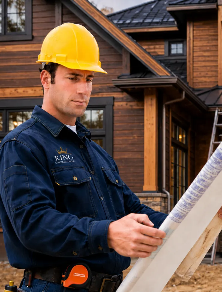 Los Angeles contractor reviewing blueprints for a custom home remodeling and construction project