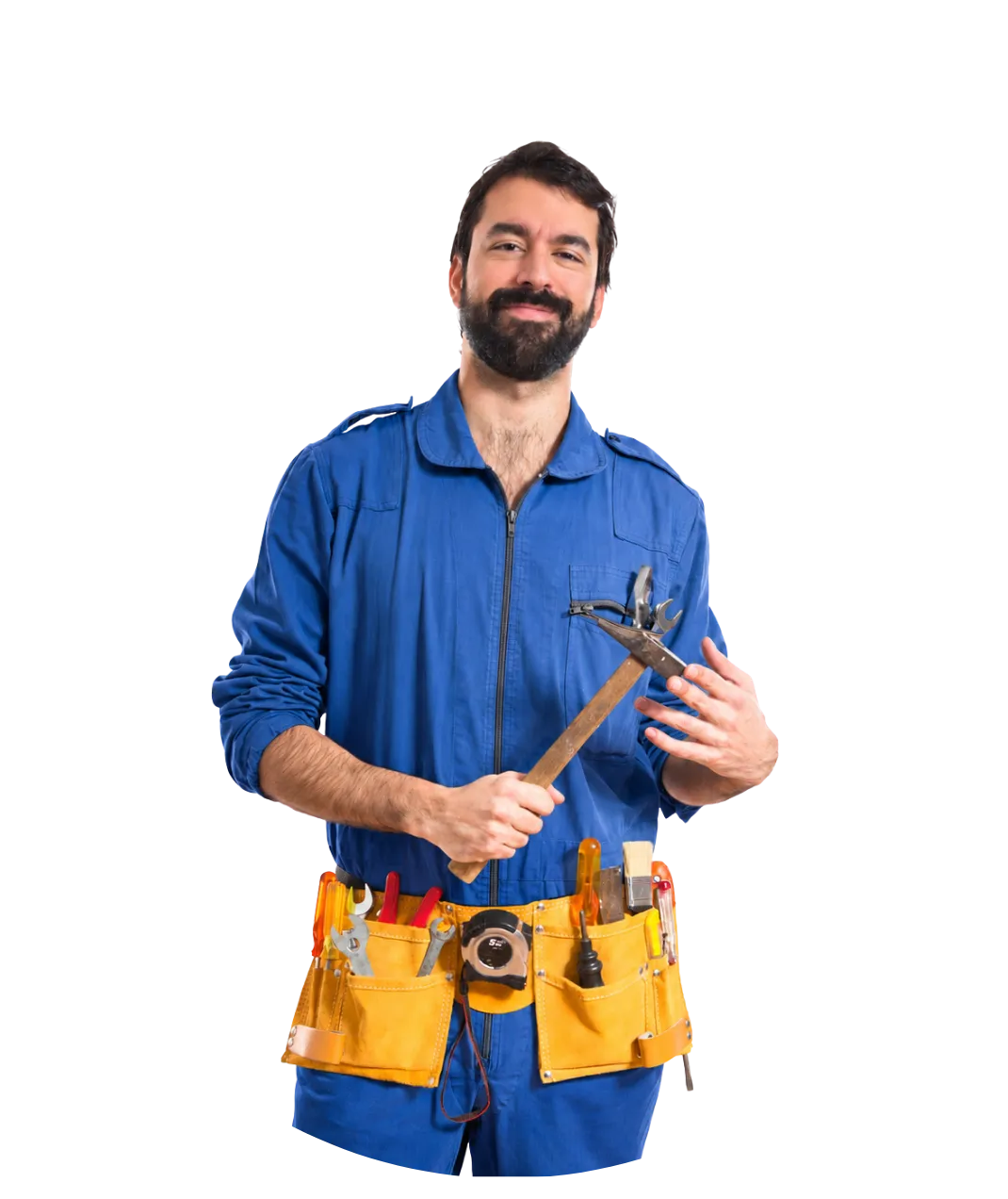 King Contractor LA handyman worker holding a hammer with a professional tool belt for residential construction and remodeling services