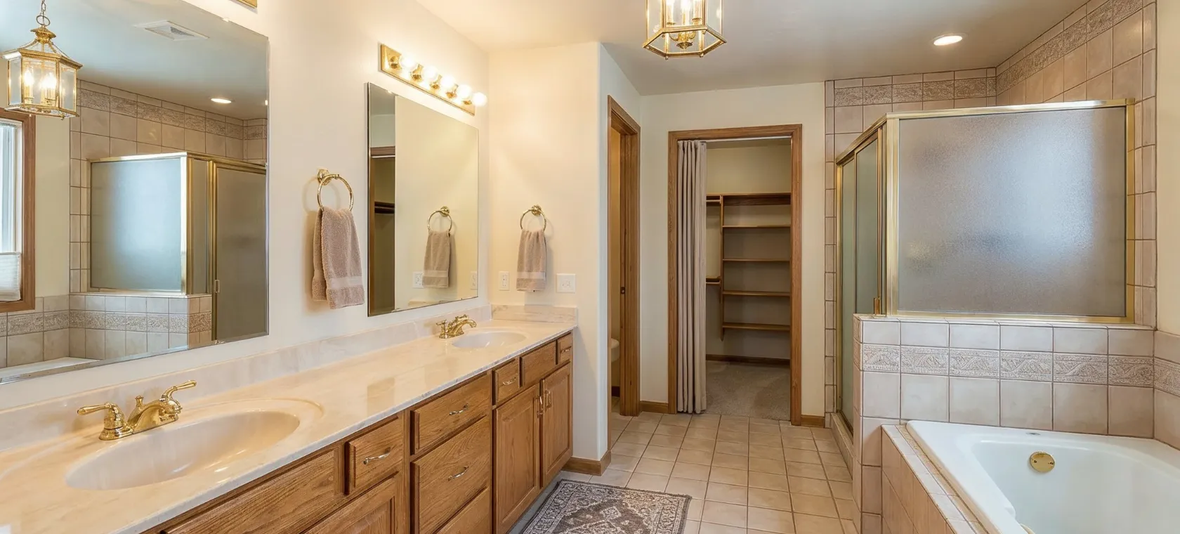 Before bathroom remodeling project in Los Angeles showing traditional tile, wood vanity cabinets, older shower enclosure, bathtub, mirrors, and dated bathroom finishes before renovation