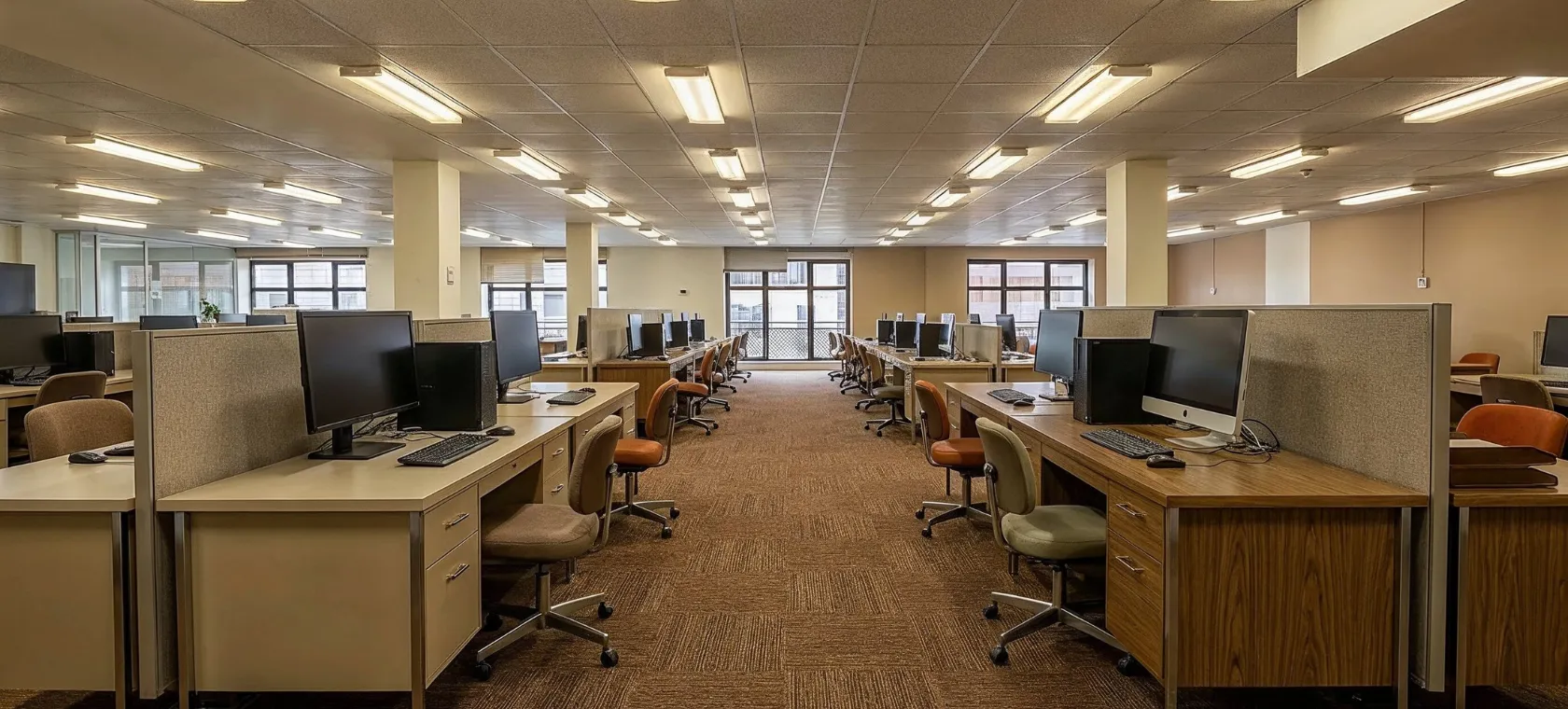 Before commercial remodeling project in Los Angeles showing an older office workspace with dated cubicles, warm lighting, carpet flooring, workstations, and traditional commercial interior layout