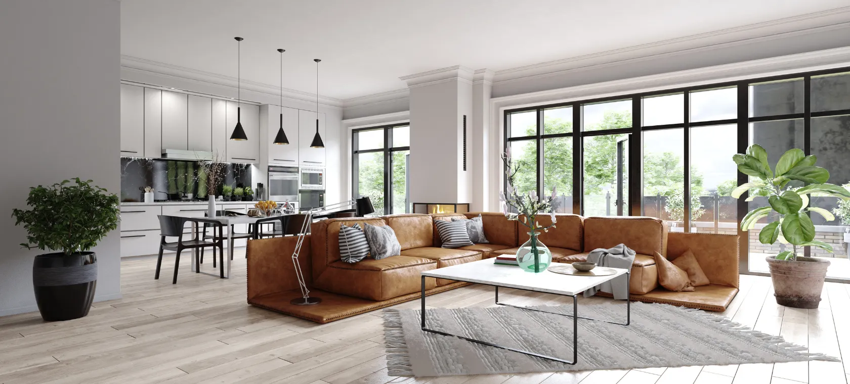 After home remodeling project in Los Angeles featuring a modern open concept living room, updated kitchen, large black frame windows, leather sectional, fireplace, light flooring, and bright interior renovation