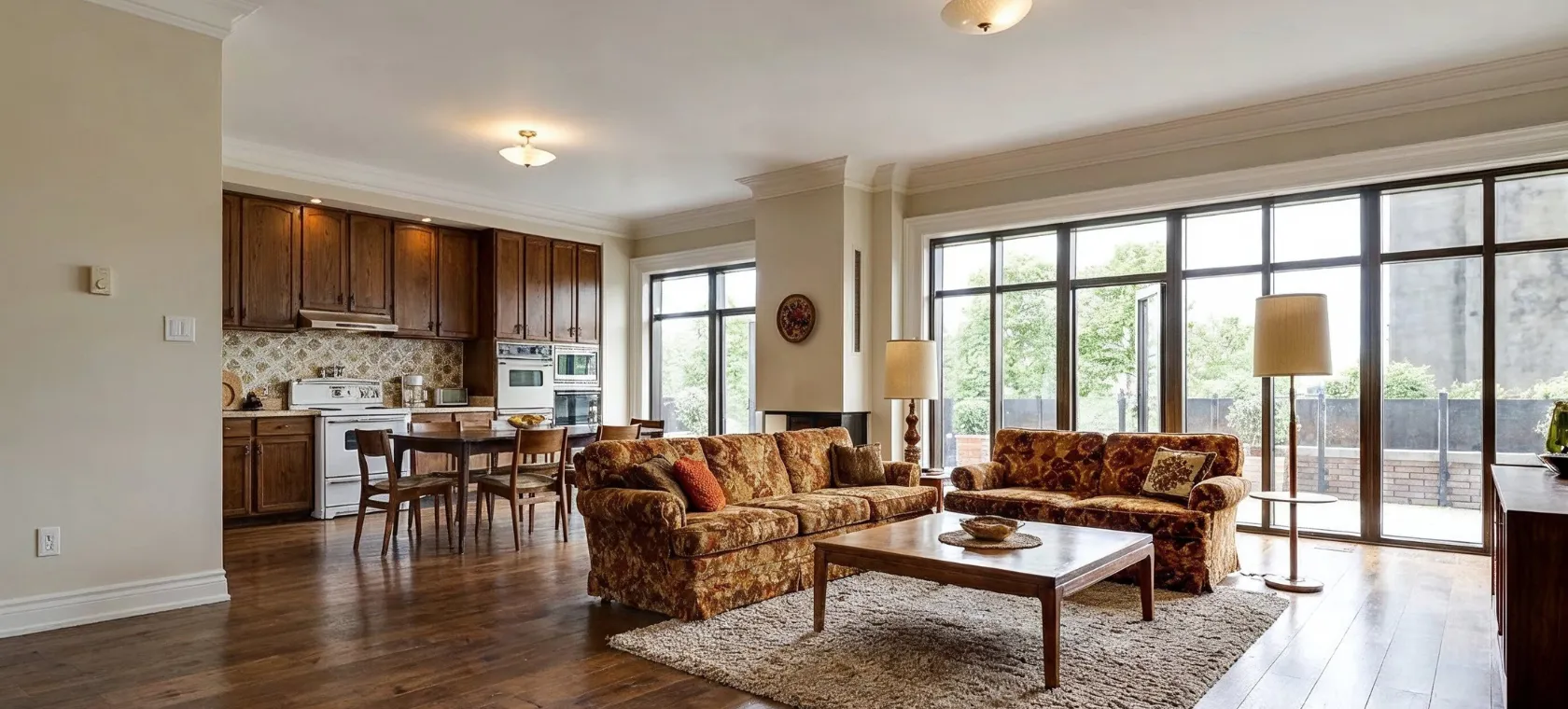 Before home remodeling project in Los Angeles showing a traditional open living room and kitchen with older cabinets, dated furniture, wood flooring, and large rear windows before renovation