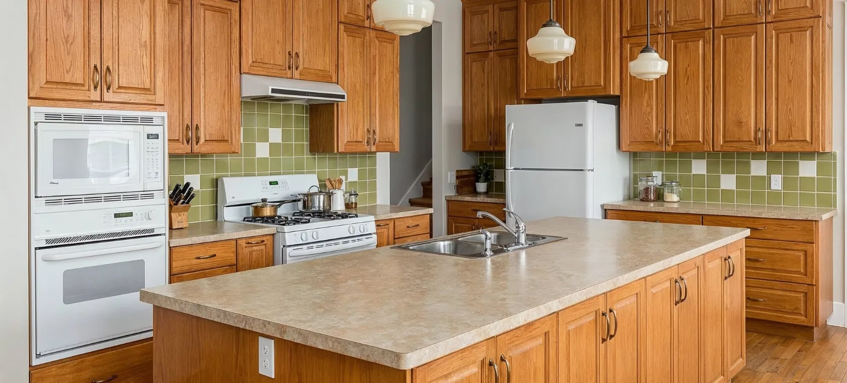 Before kitchen remodeling project in Los Angeles showing dated oak cabinets, older appliances, green tile backsplash, large island, and traditional kitchen layout before renovation