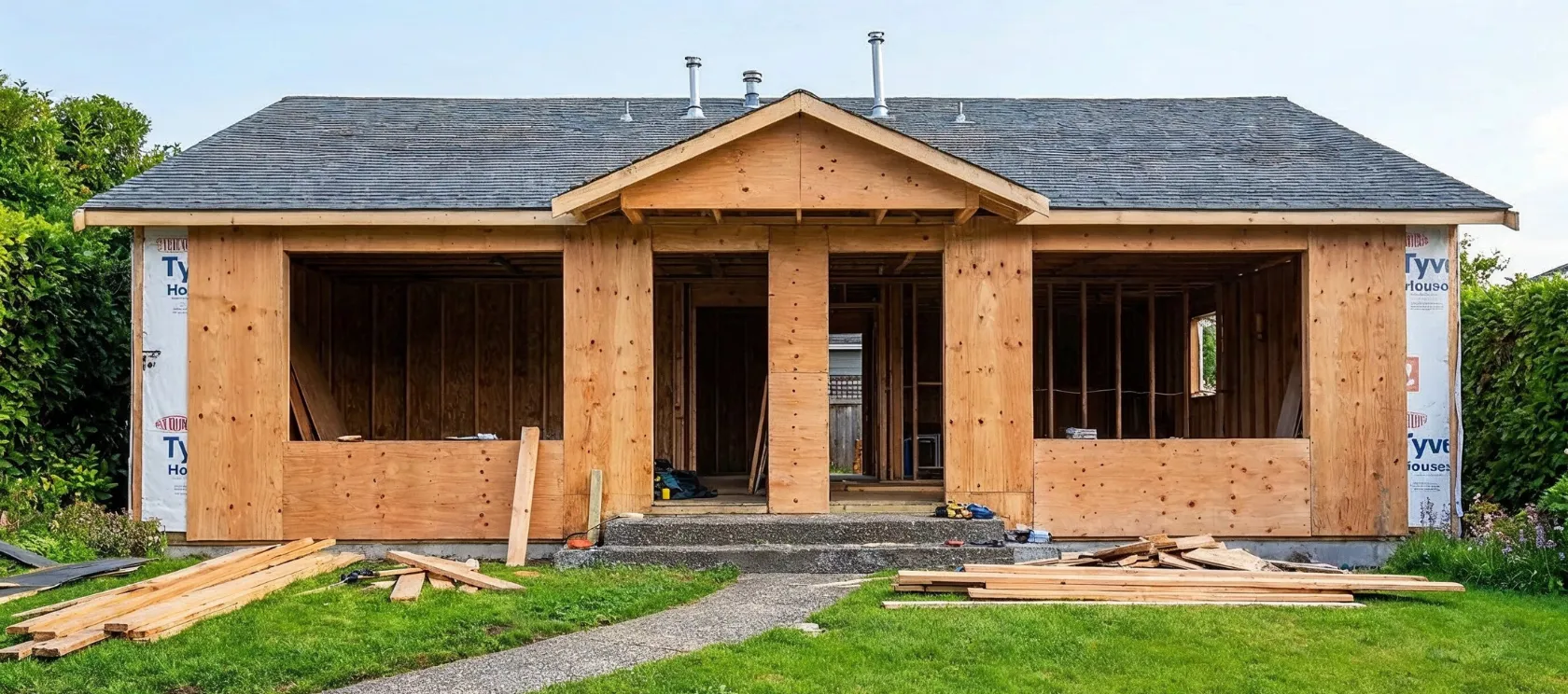ADU builders in Los Angeles working on wood framing, plywood sheathing, and exterior construction for a new accessory dwelling unit project