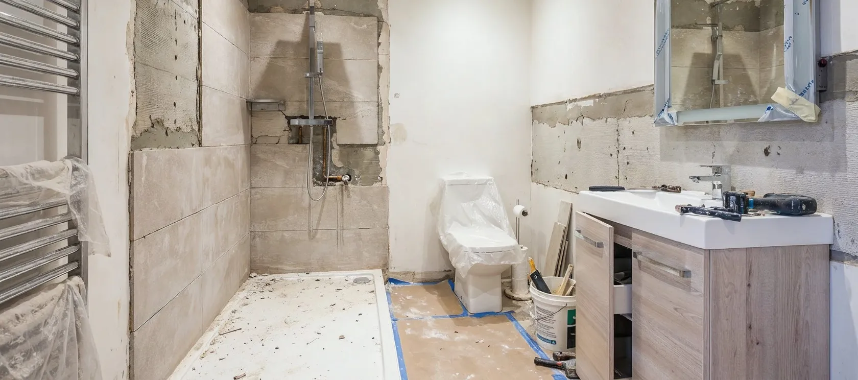 Bathroom remodeling in Los Angeles showing shower tile installation, vanity upgrade, plumbing work, and renovation materials during construction