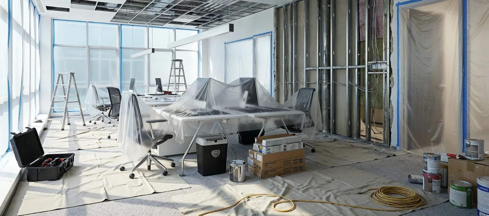 Commercial remodeling in Los Angeles showing office interior renovation with exposed metal framing, ceiling work, protected desks, wiring, and construction materials