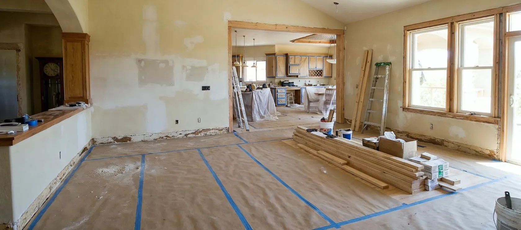Home remodeling in Los Angeles with protected floors, wall repairs, open interior layout, kitchen renovation area, and full home improvement work in progress