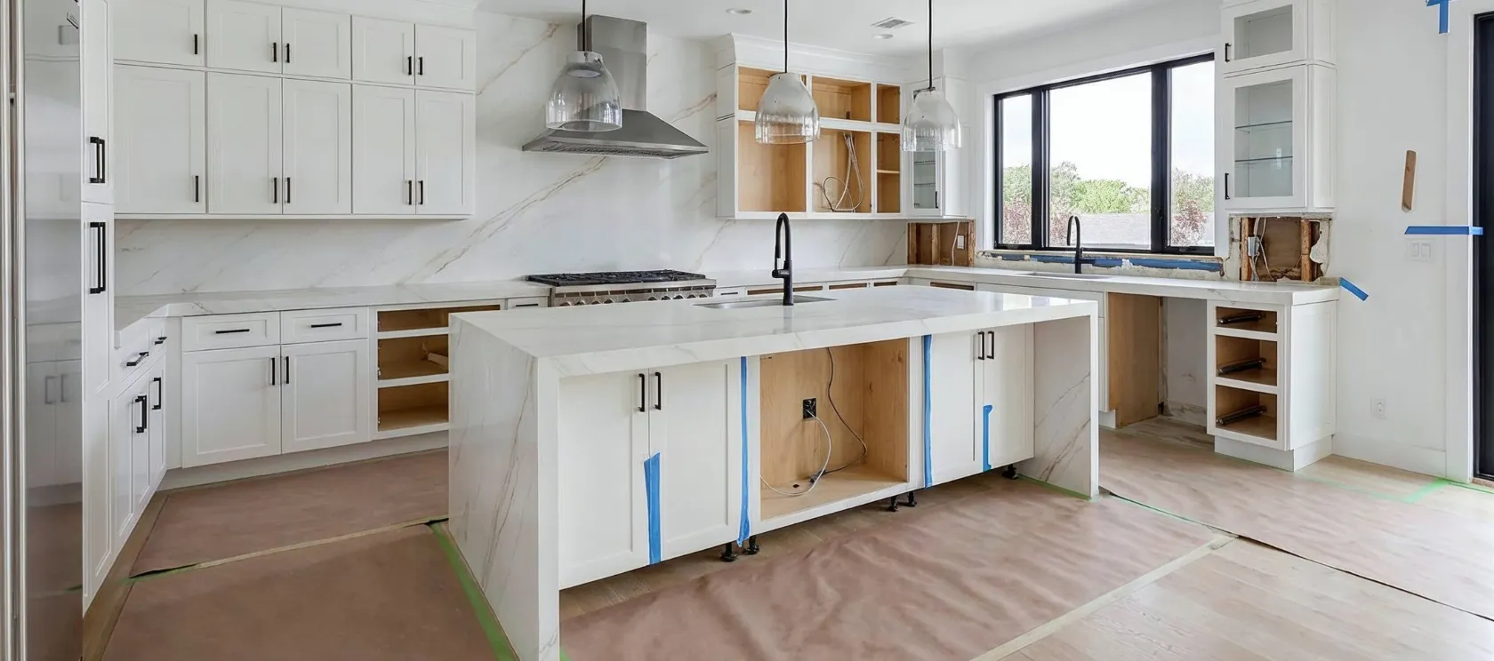Kitchen remodeling in Los Angeles with modern white cabinets, large island, marble-style backsplash, pendant lights, and finish installation in progress