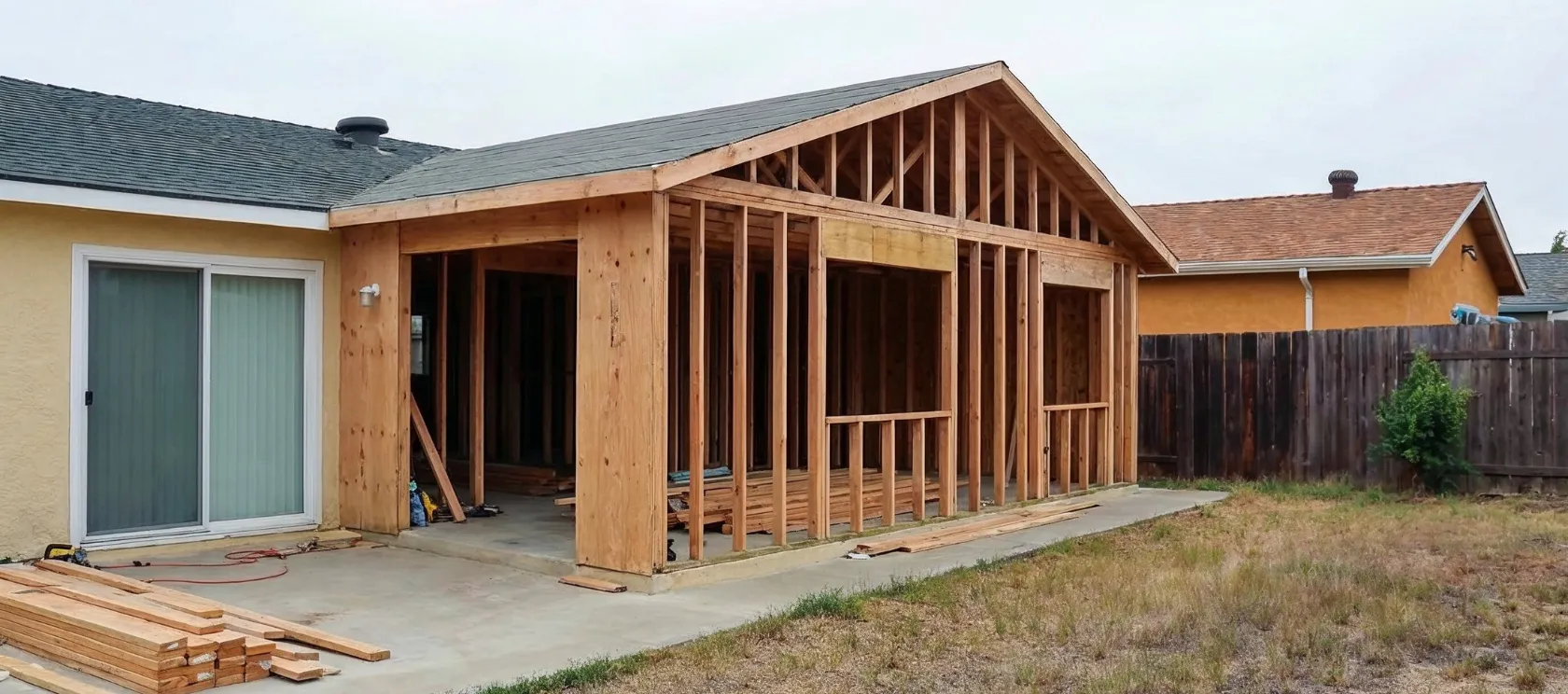 Room additions in Los Angeles showing attached wood framing connected to an existing home for expanded interior living space and added property value